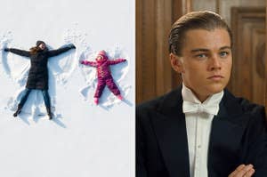 two people making snow angels on the left and leonardo dicaprio in titanic on the right