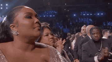Lizzo at the Grammy&#x27;s shaking her head while she&#x27;s in the audience