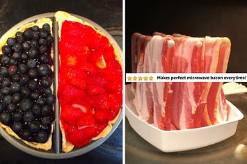 a split decision pie pan and a microwave bacon cooker