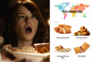 Emma Stone making an excited face with a plate of food, and a sample question about picking a cheesy side dish