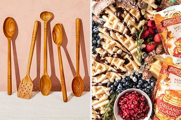 Five wooden spoons on the left and Birch benders pancake and waffle mix on the right