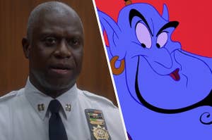 Captain Holt is on the left with Genie on the right leaning his ear closer