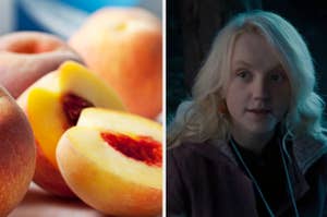 A bunch of peaches are on the left with Luna Lovegood on the right
