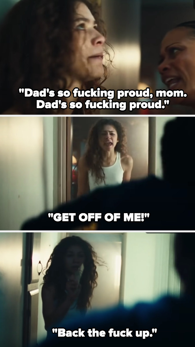 Fighting with her mom and threatening her with a piece of broken glass, rue yells &quot;Dad&#x27;s so fucking proud, Mom!&quot; and &quot;Get off me!&quot; and &quot;Back the fuck up&quot;