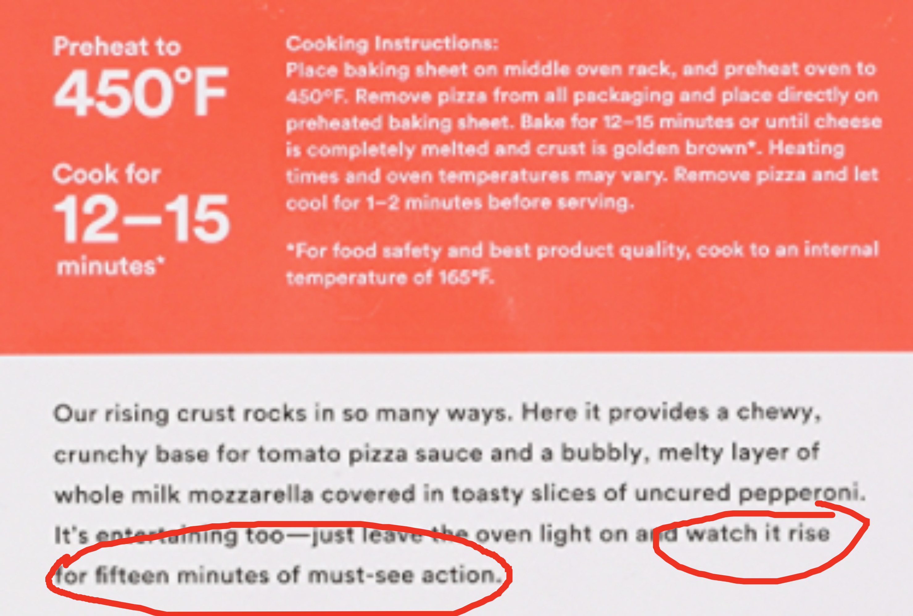 Pizza instructions with &quot;watch it rise for fifteen minutes of must-see action&quot; circled