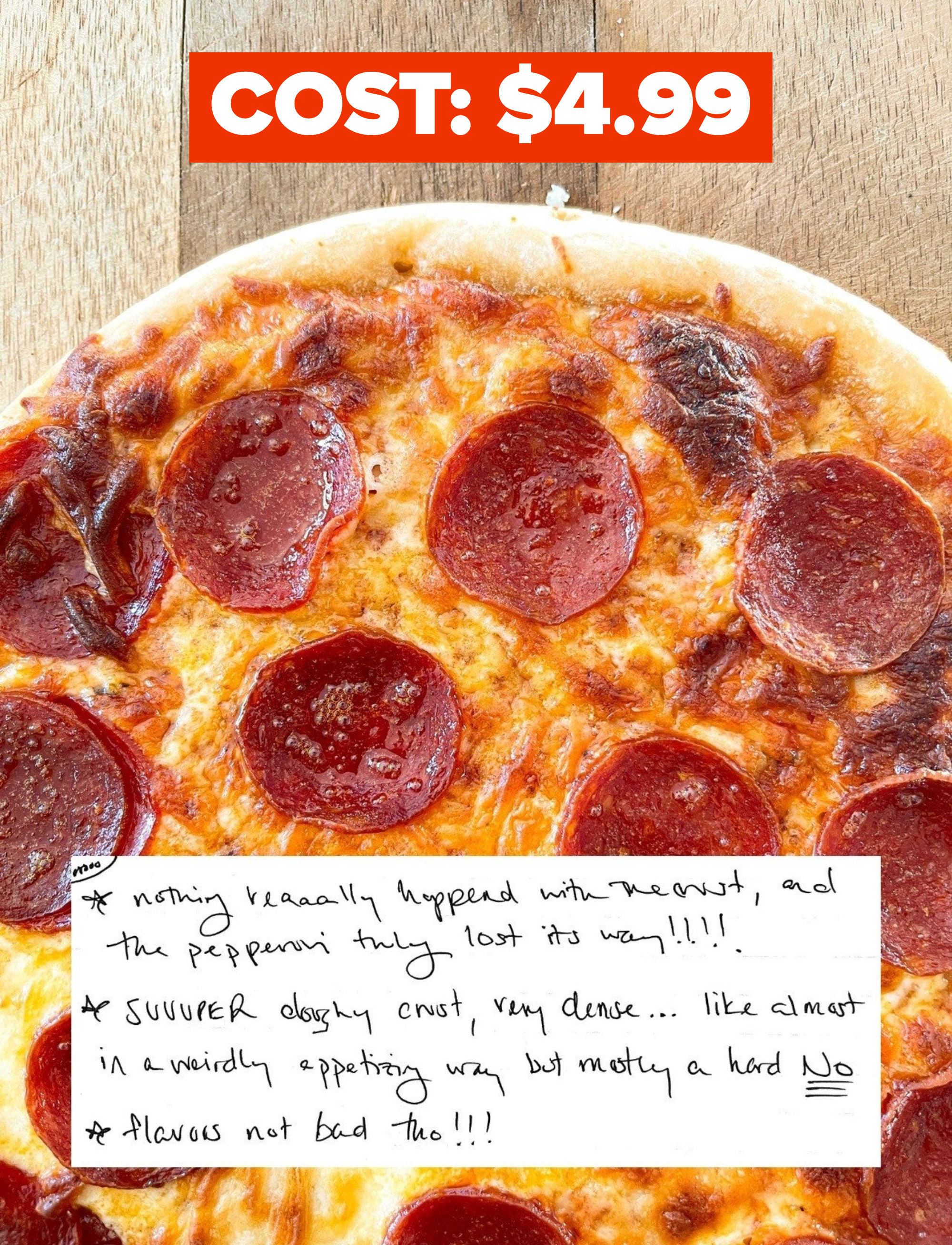 Whole Foods Pizza that cost $4.99 with author&#x27;s handwritten notes overlayed