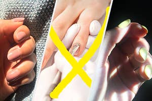 split image of three images all showing nails on the left is an image of gel polished nails in the middle is a nail technician pushing cuticles to the back and on the right is yellow gel polished hands 