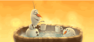 Olaf the snowman drinking hot cocoa in a hot tub