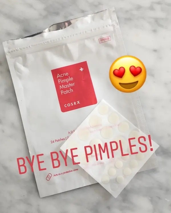 The pimple stickers and packaging with text overlay, bye bye pimples