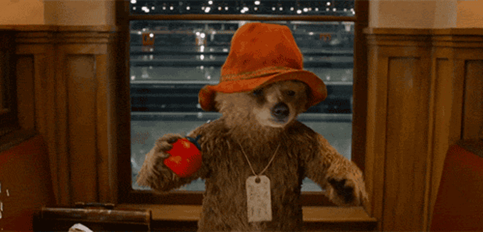 Paddington Bear squeezing tomato couch up out of the bottle