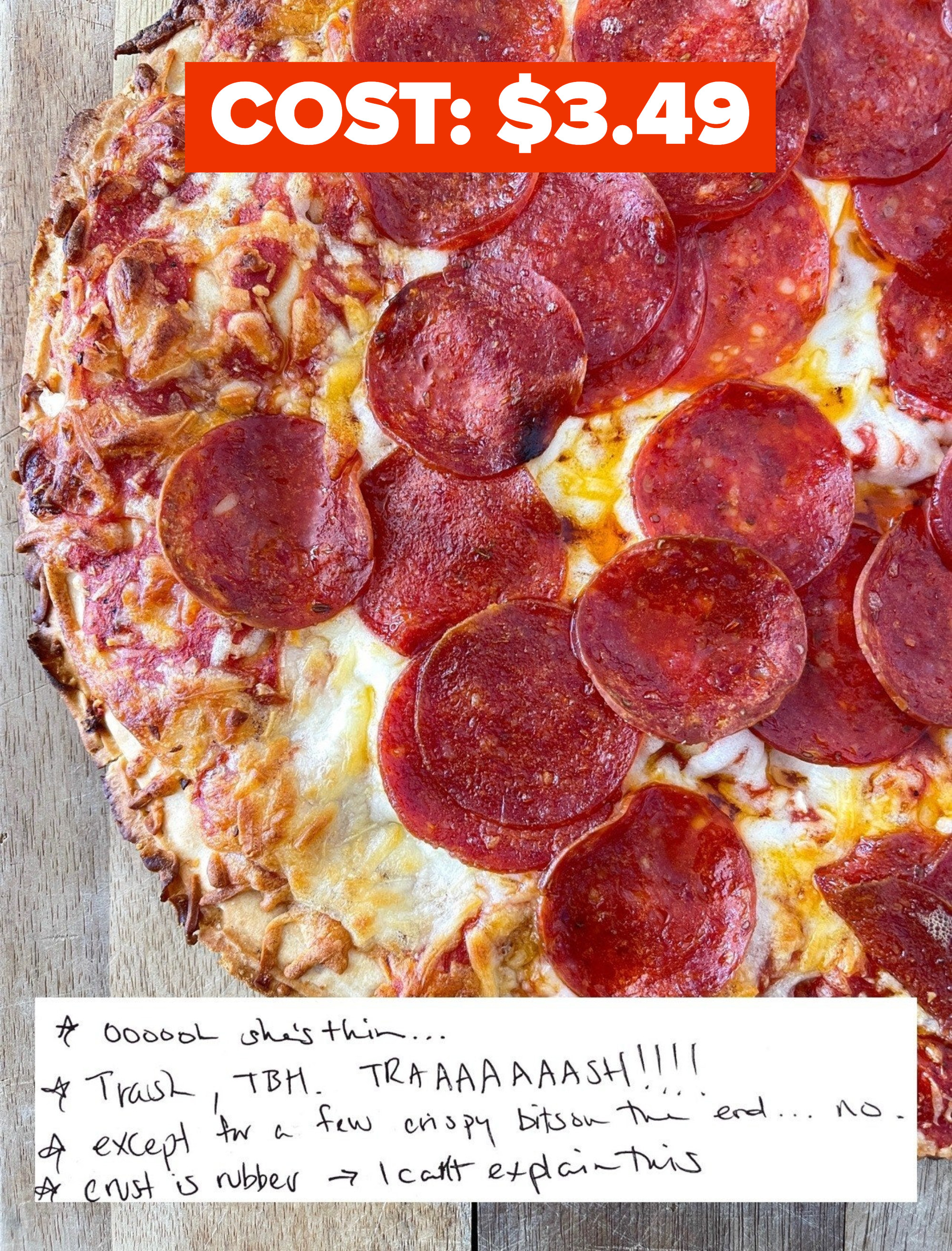 Cooked Tony&#x27;s pizza that costs $3.49 with author&#x27;s handwritten notes