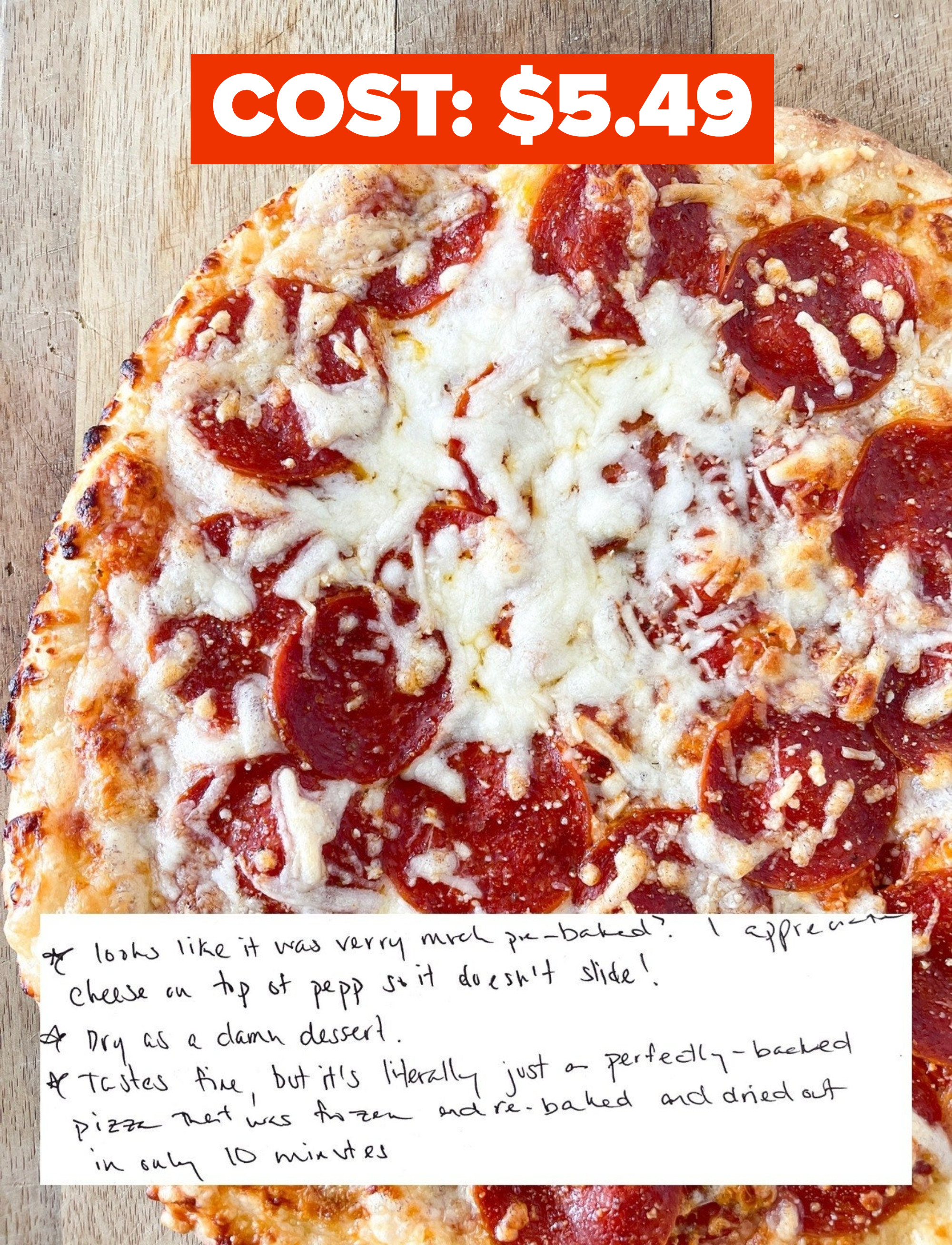 Cooked Trader Joe&#x27;s Pizza That Cost $5.49 with author&#x27;s handwritten notes