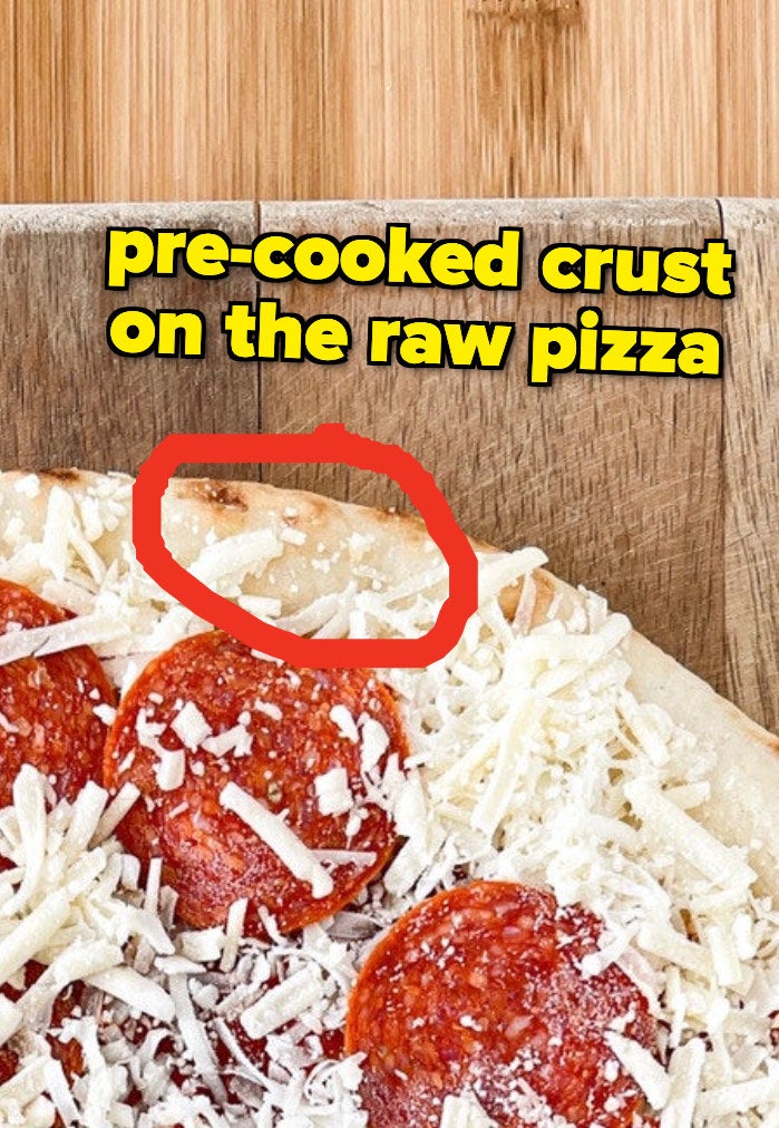 Brown spot on the raw pizza with text "pre-cooked crust on raw pizza"