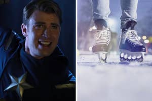 Captain America is on the left with someone ice skating on the right