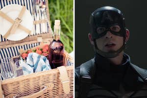 A picnic basket is on the left with Captain America looking up on the right