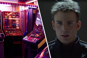 A few arcade games are shown on the left with Captain America concentrating on the right