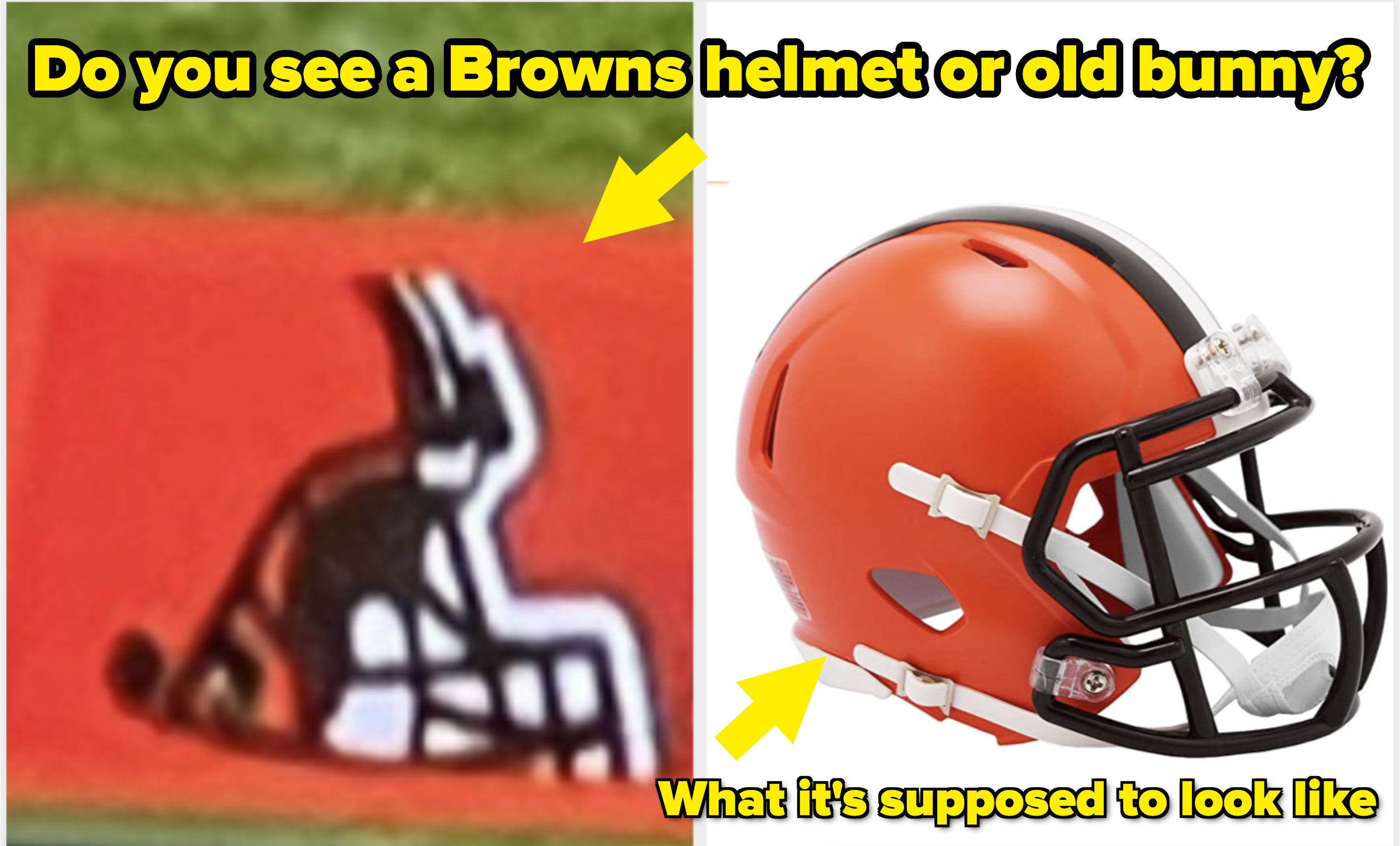A drawing of the Browns&#x27; helmet makes it look like an old bunny with a walker