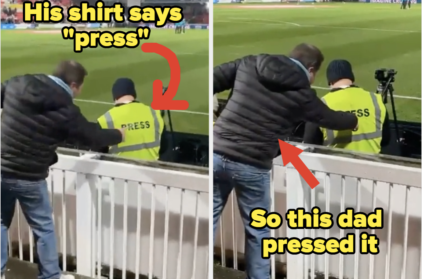 A man pushes the word &quot;press&quot; written on another man&#x27;s shirt