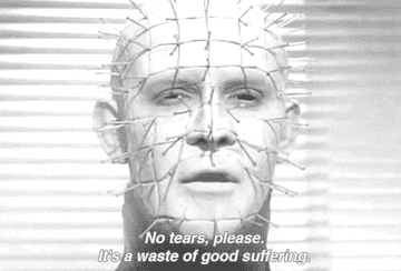 black and white gif of pinhead from hellraiser saying no tears, please, it&#x27;s a waste of good suffering