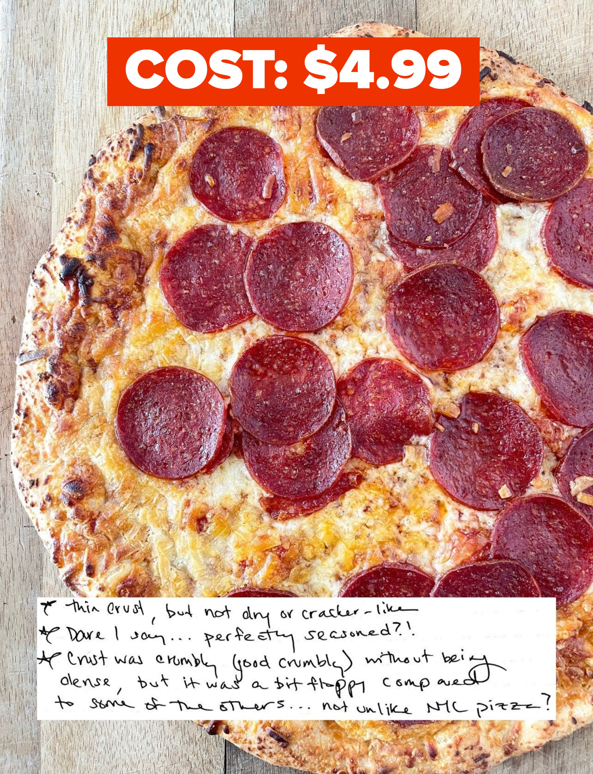 Red Baron Frozen Pizza that costs $4.99 with author&#x27;s handwritten notes