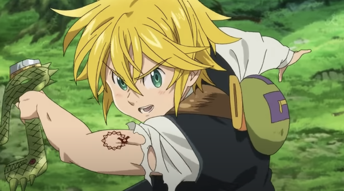 Meliodas countering an attack from an enemy. 