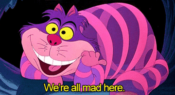 cheshire cat from alice in wonderland saying we&#x27;re all mad here and pointing to himself