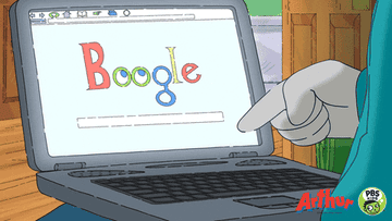 Animated person hitting a key on a laptop showing &quot;Boogle&quot; screen