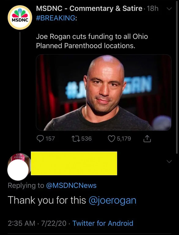 Someone thanks Joe Rogan for a fake headline that says he cut funding from Ohio Planned Parenthood locations