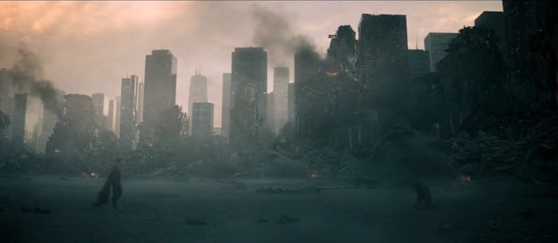 A wide shot of Superman facing Zod in a ruined section of Metropolis in &quot;Man of Steel&quot;