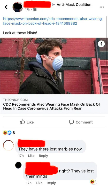 A couple people fall for The Onion&#x27;s headline that the CDC recommends wearing face masks on the back of your head to avoid Coronavirus from the rear