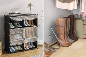 Shoe storage with display windows open and three paris of boots placed on shoe rack