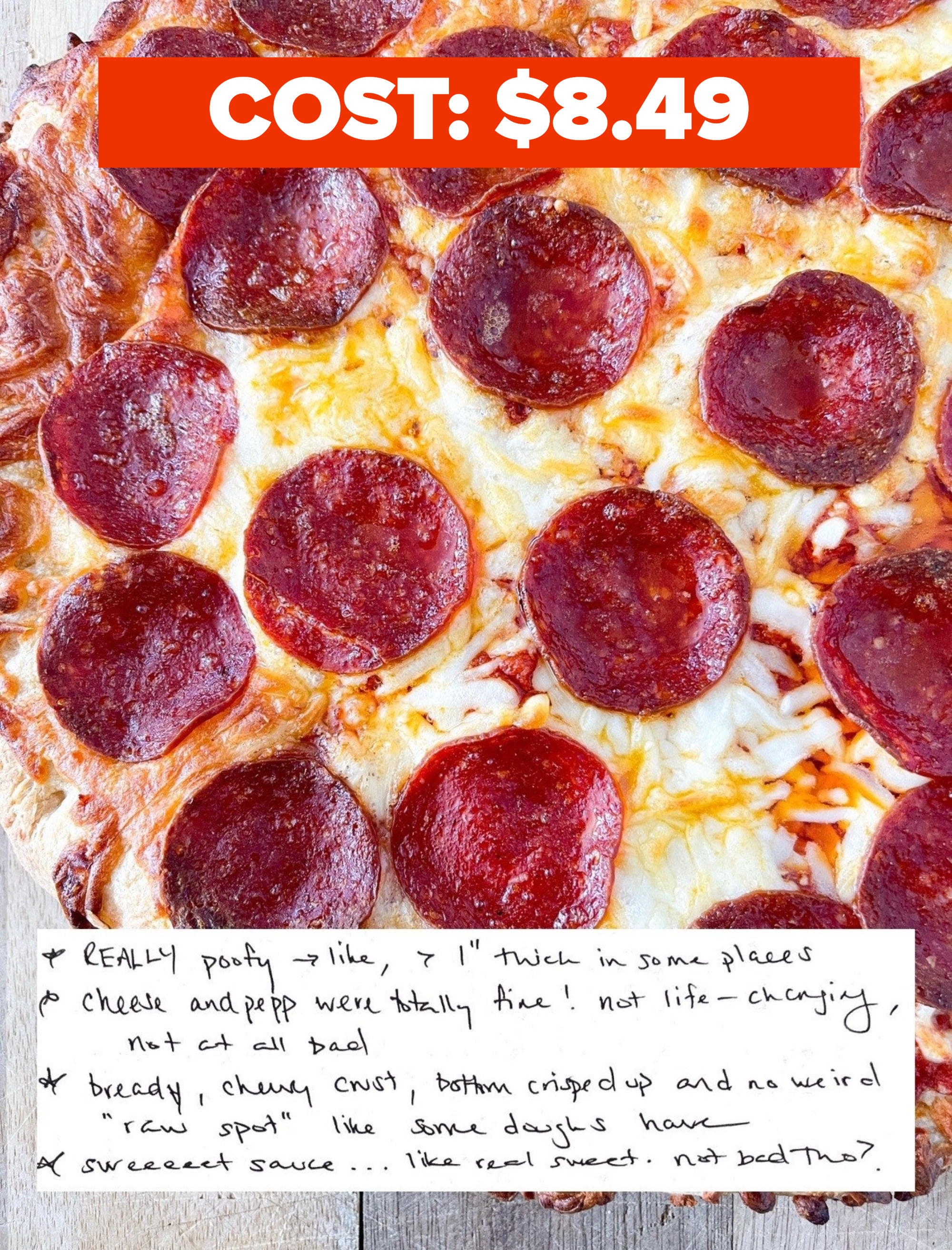 DiGiorno pizza that costs $8.49 with author&#x27;s handwritten notes