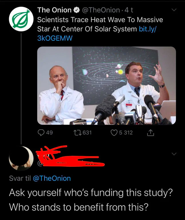 Someone believes a headline from The Onion about scientists tracing heat to the sun