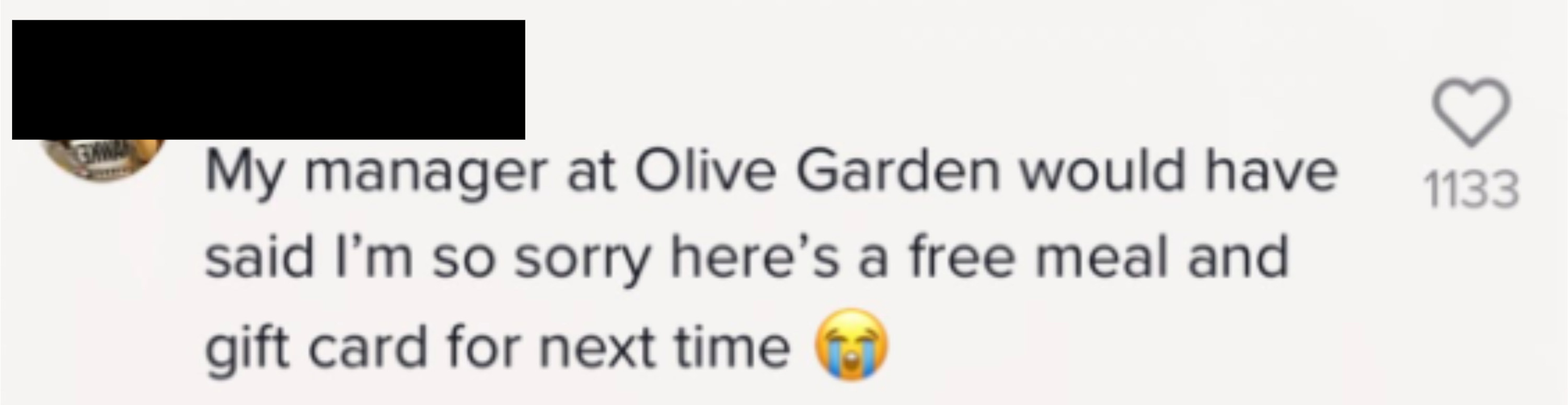 My manager at Olive Garden would have said &quot;I&#x27;m so sorry here&#x27;s a free meal and gift card for next time&quot;