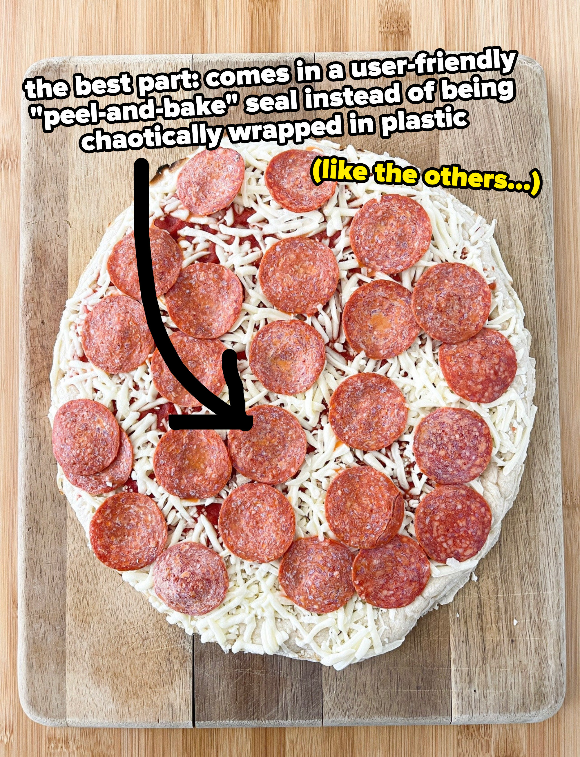 Uncooked DiGiorno pizza; the best part is that it comes in a user-friendly peel and bake seal instead of being chaotically wrapped in plastic