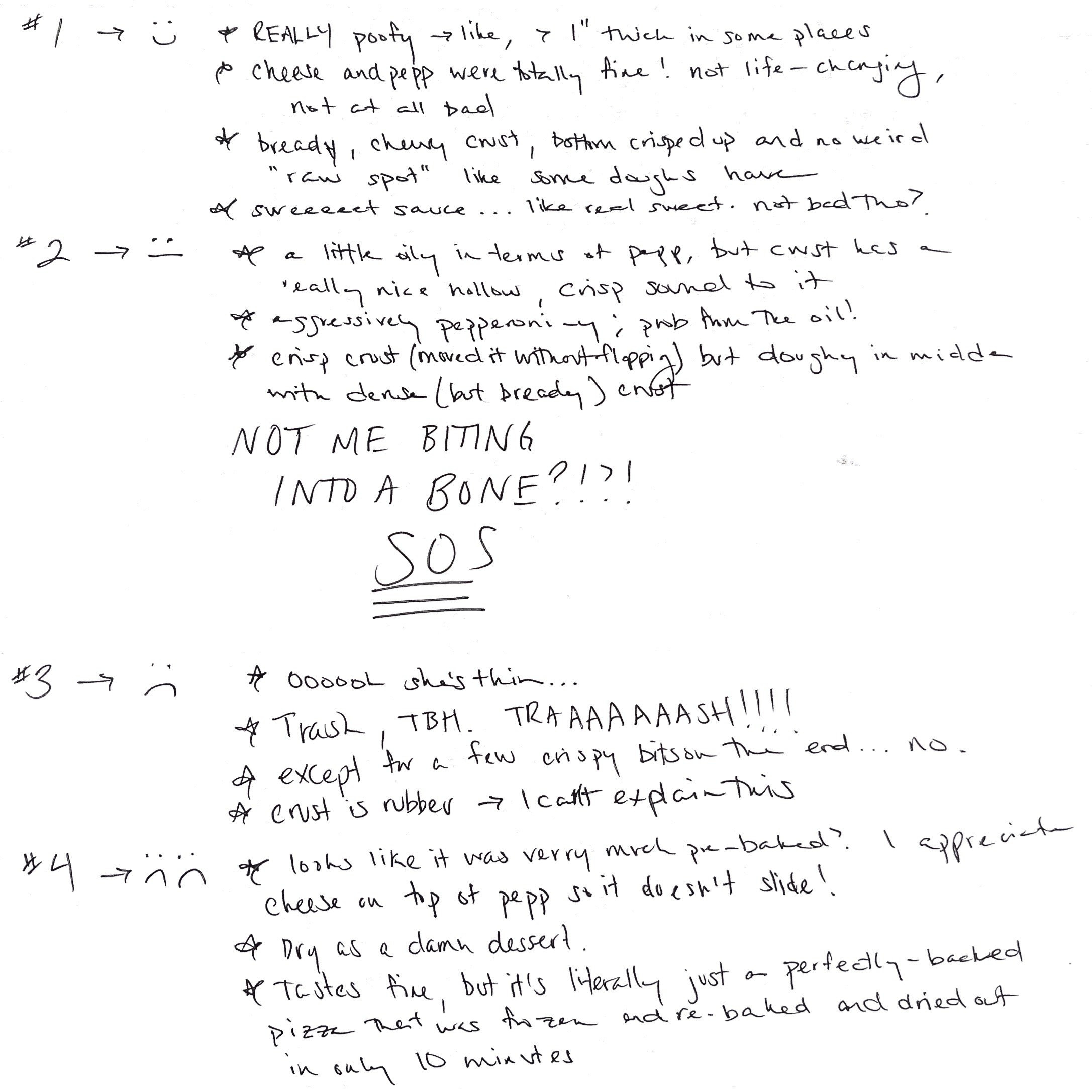 Various handwritten notes by the author on the first four pizzas