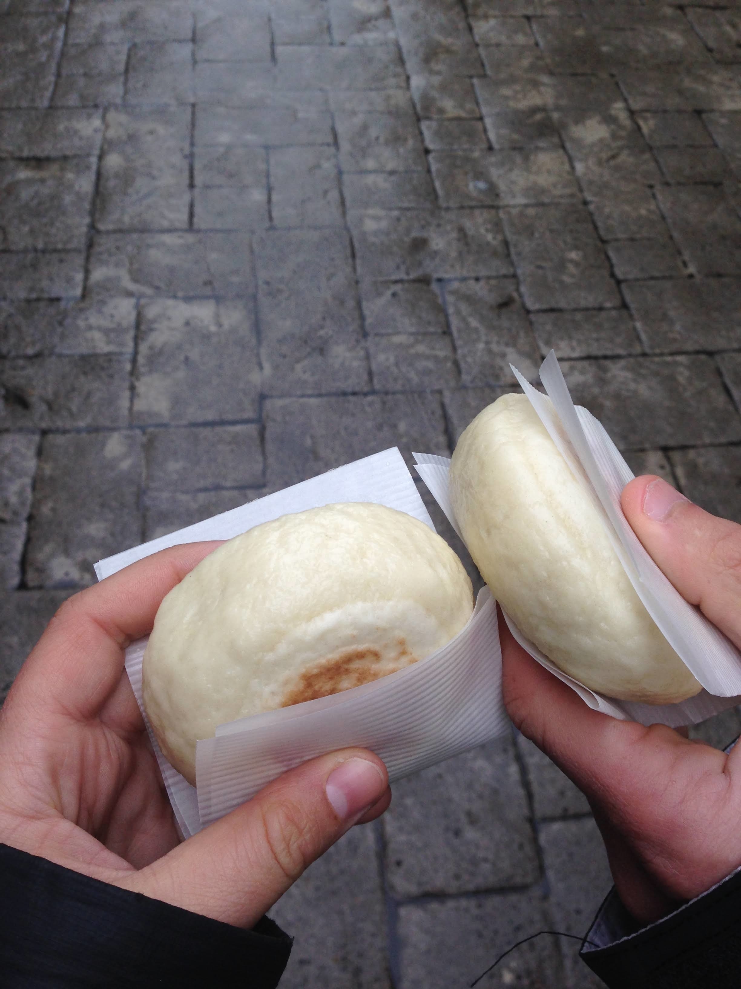 Hot buns about to be eaten on the street