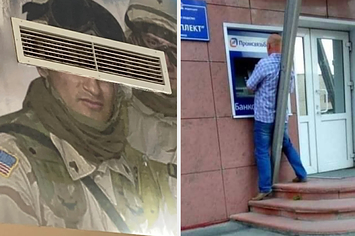 A painting of a soldier whose face is covered up with a vent on the left and a guy squished against a pole while using an ATM on the right.