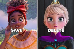 Dolores from Encanto with the word "save" over her face and Elsa from Frozen with the word "delete" over her face