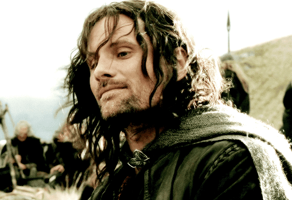 A windswept Aragorn looking wistfully upwards
