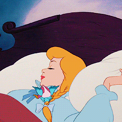 a gif of cinderella in bed with birds waking her up