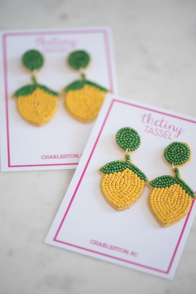 two pairs of beaded lemon earrings