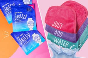 photoset of jelly eye mask and makeup removing cloths with the text, "just add water"