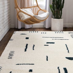 the white and navy shag rug beneath a hanging chair