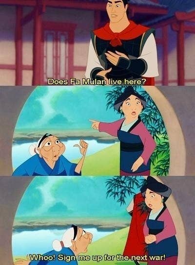 A scene from Mulan where Li Shang asks where Mulan is and Mulan&#x27;s grandmother says &quot;Whoo sign me up for the next war&quot;