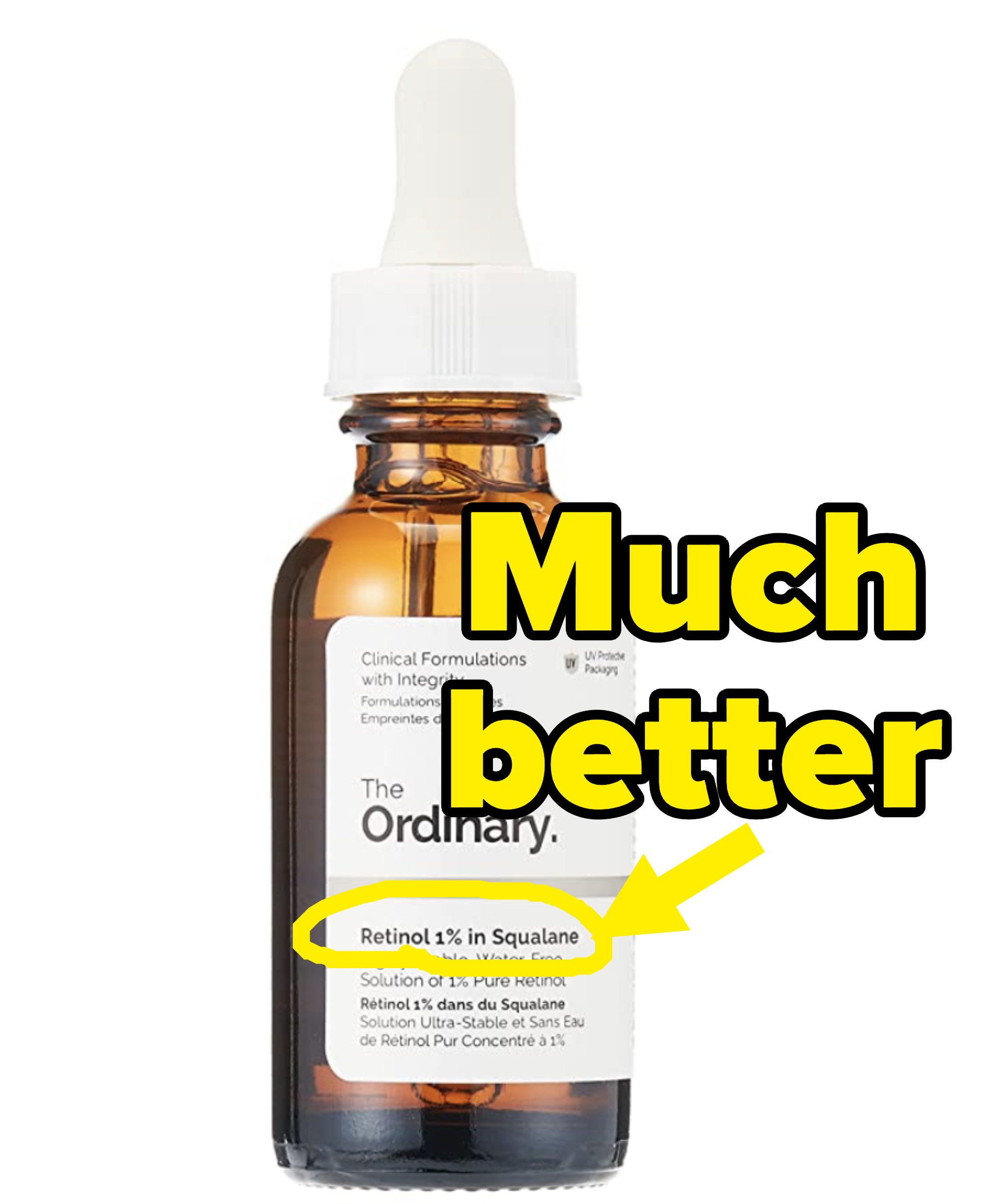 1% retinol scream from The Ordinary with 1% circled and labeled &quot;much better&quot;