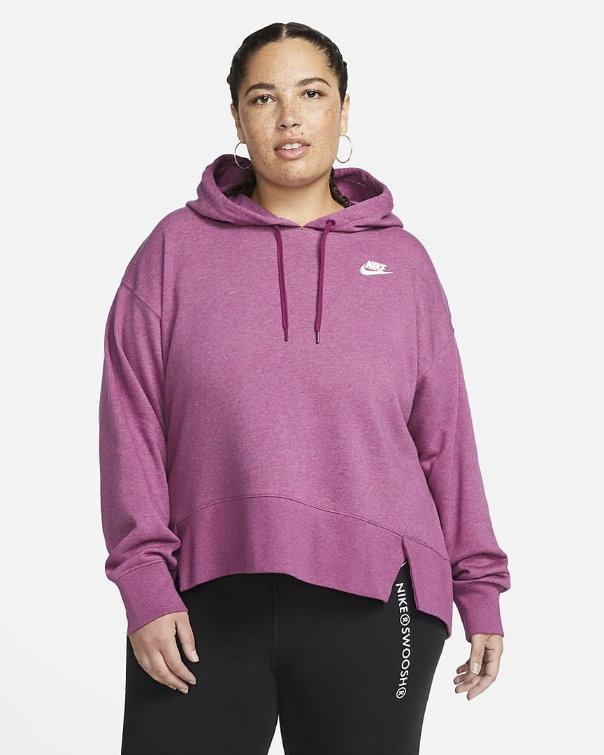 Model wearing purple hoodie and black bottoms