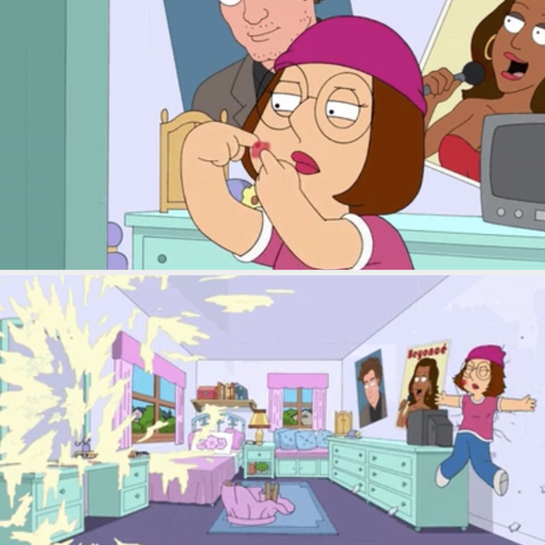 Meg popping a pimple that explodes onto her wall, throwing her back, on Family Guy