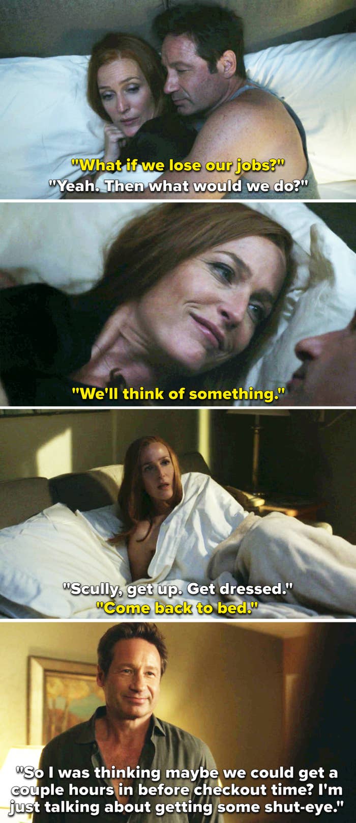 Scully and Mulder cuddling in bed together and Mulder saying they have some time to kill before they have to checkout of their motel