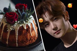 A Valentine's Day cake is on the left with a K-Pop artist labeled with emojis